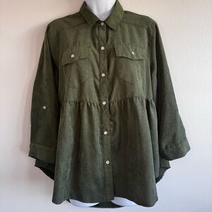 JW Style Olive Green Snap Up Baby Doll Top SzM Front Pockets Western Boho Y2K